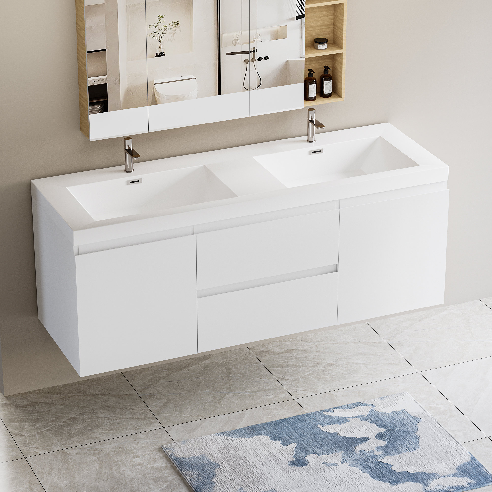 Latitude Run Meuble Lavabo Mural Flottant Avec Lavabo Double 60 Po